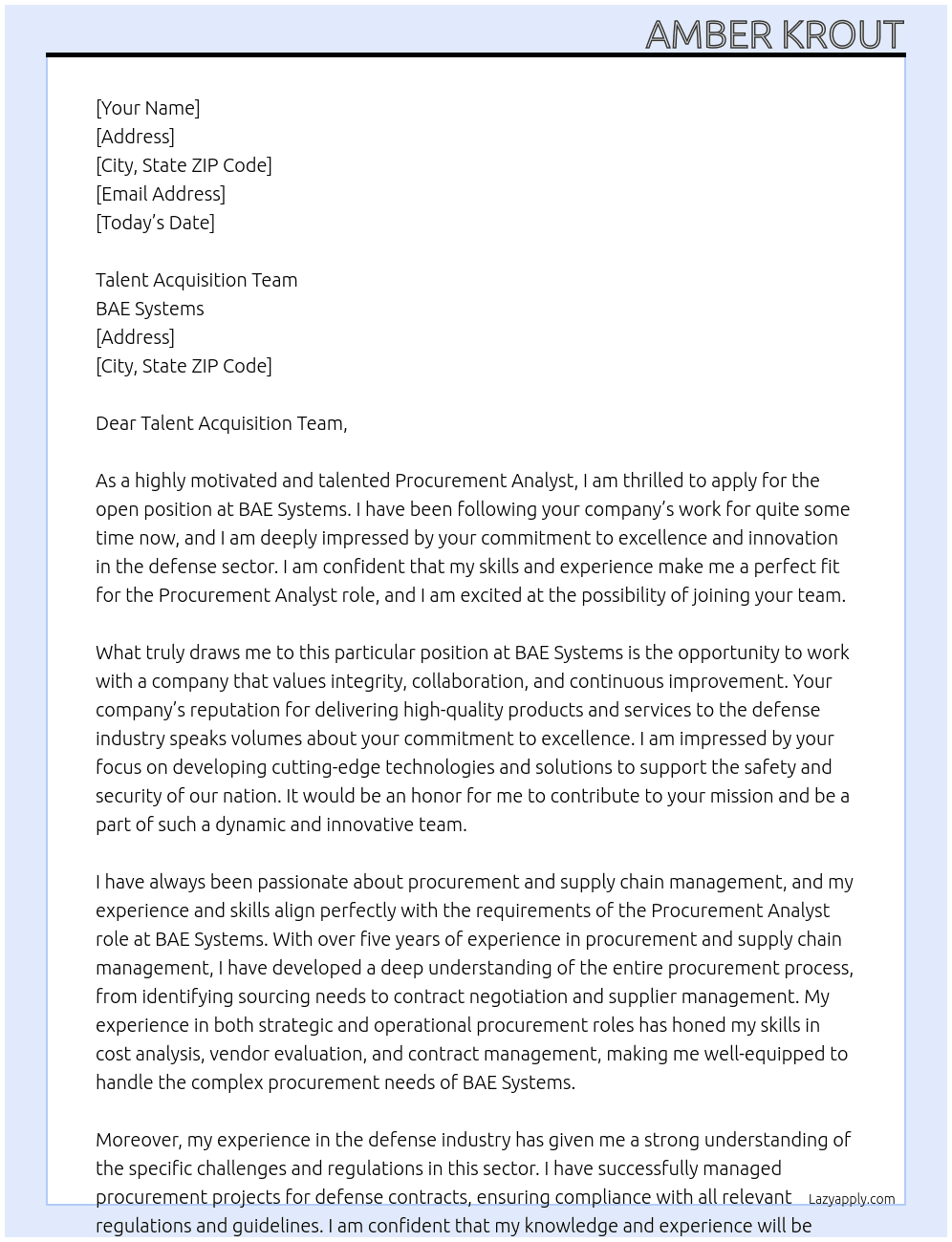 Procurement Analyst At BAE Systems Cover Letter