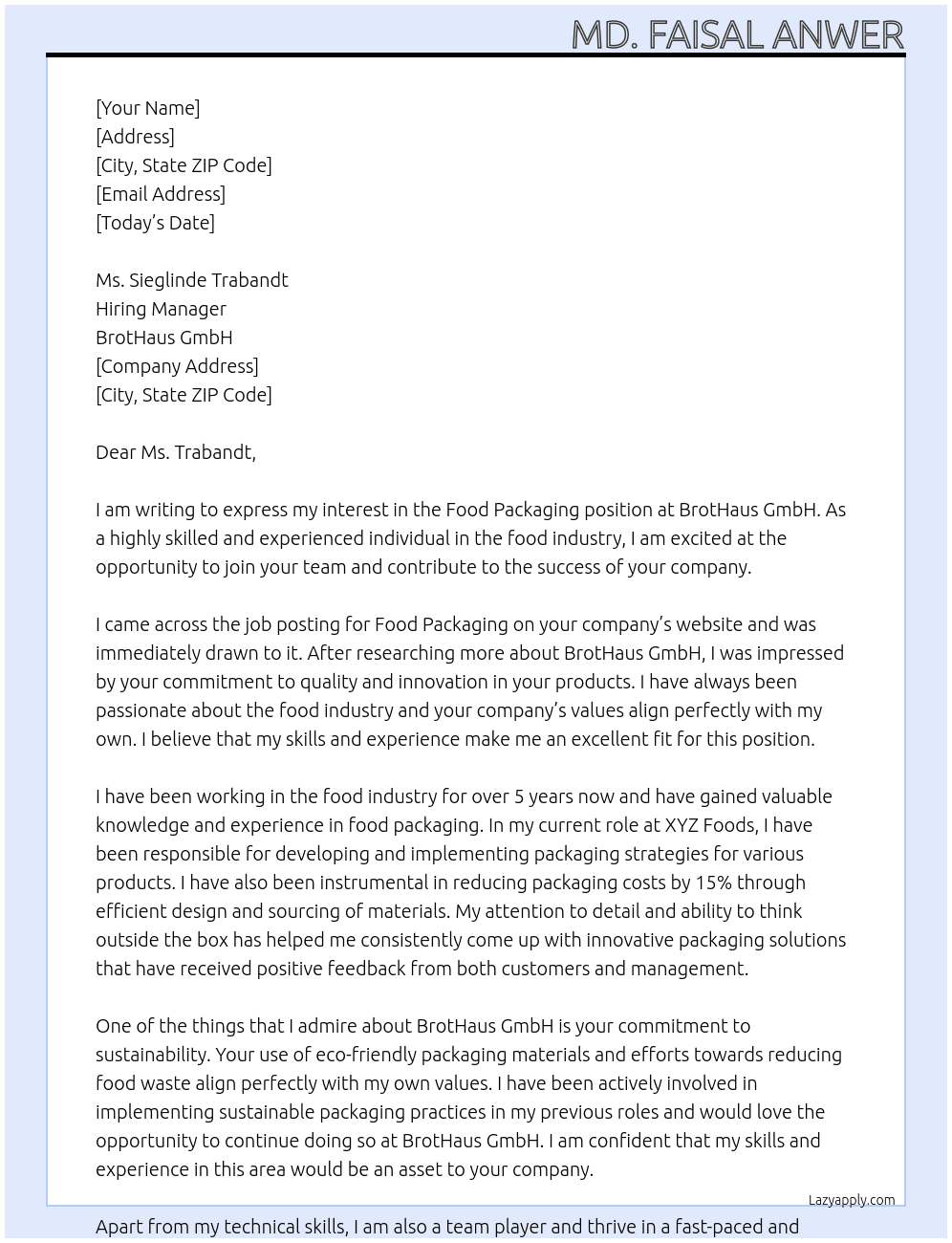 food packaging At BrotHaus GmbH Cover Letter