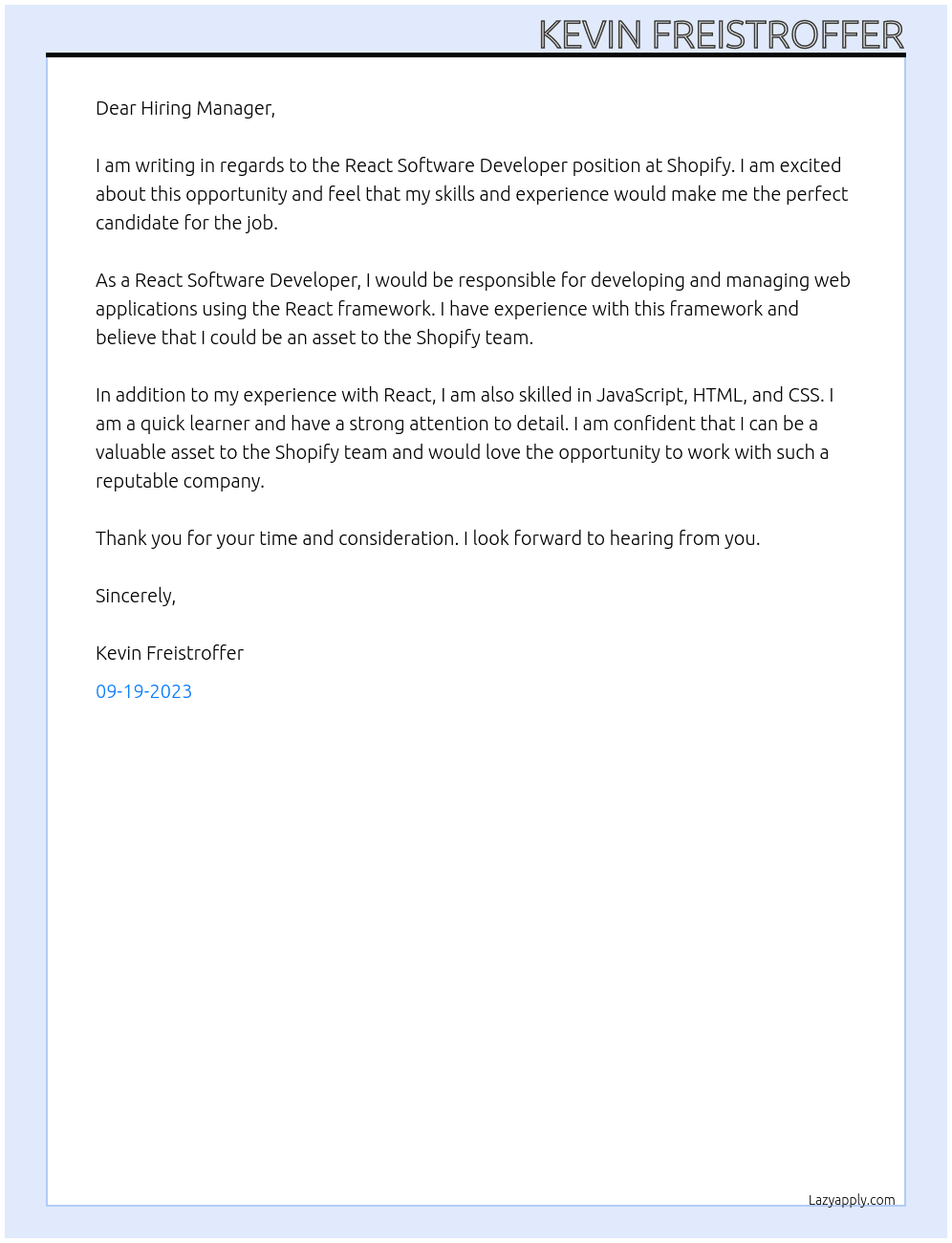 React Software Developer At Shopify Cover Letter