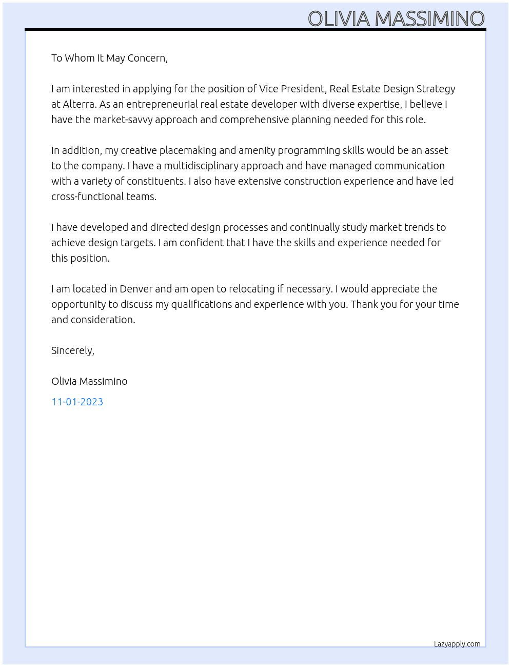 Vice President, Real Estate Design Strategy At Alterra Cover Letter