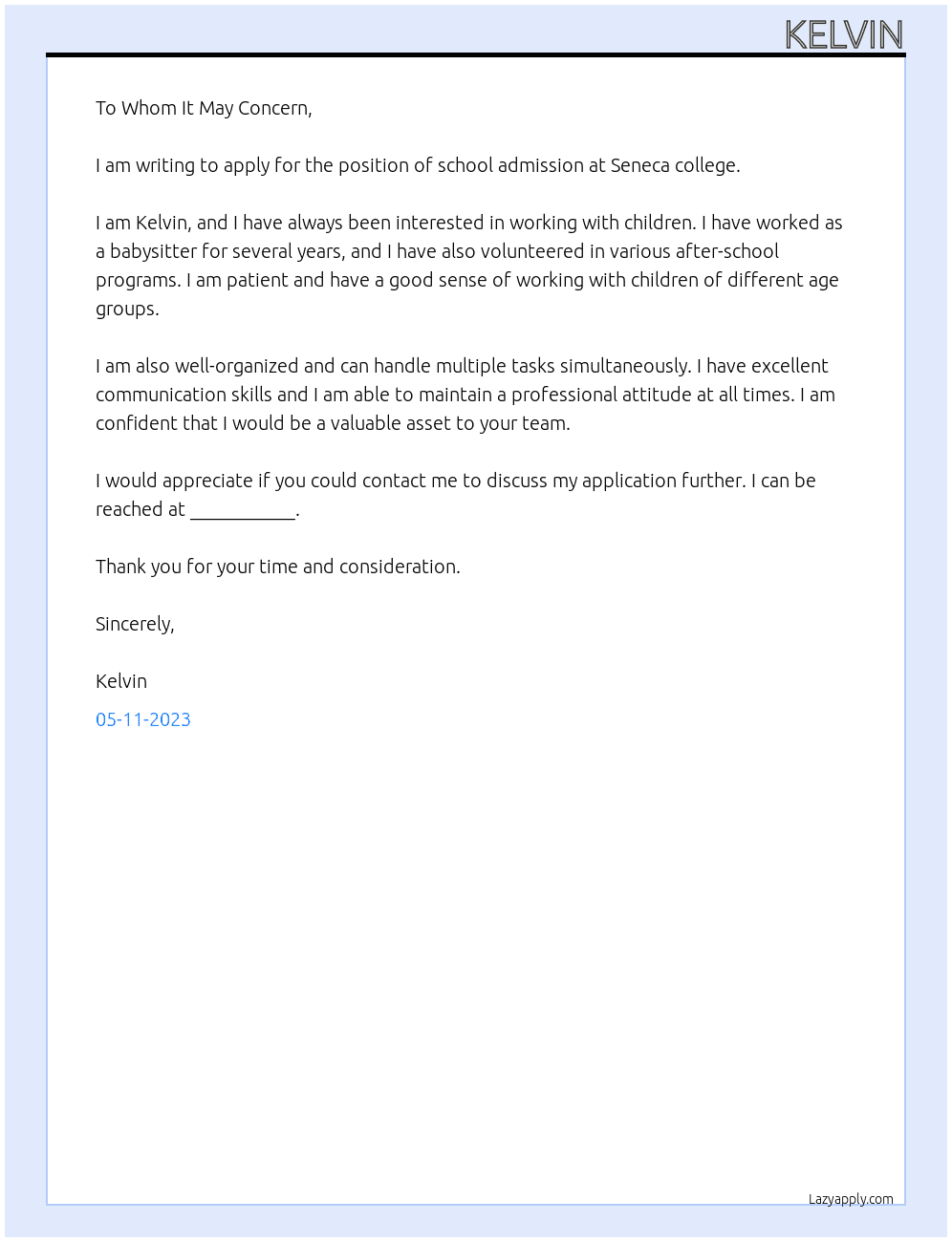 school addmission At Seneca college Cover Letter