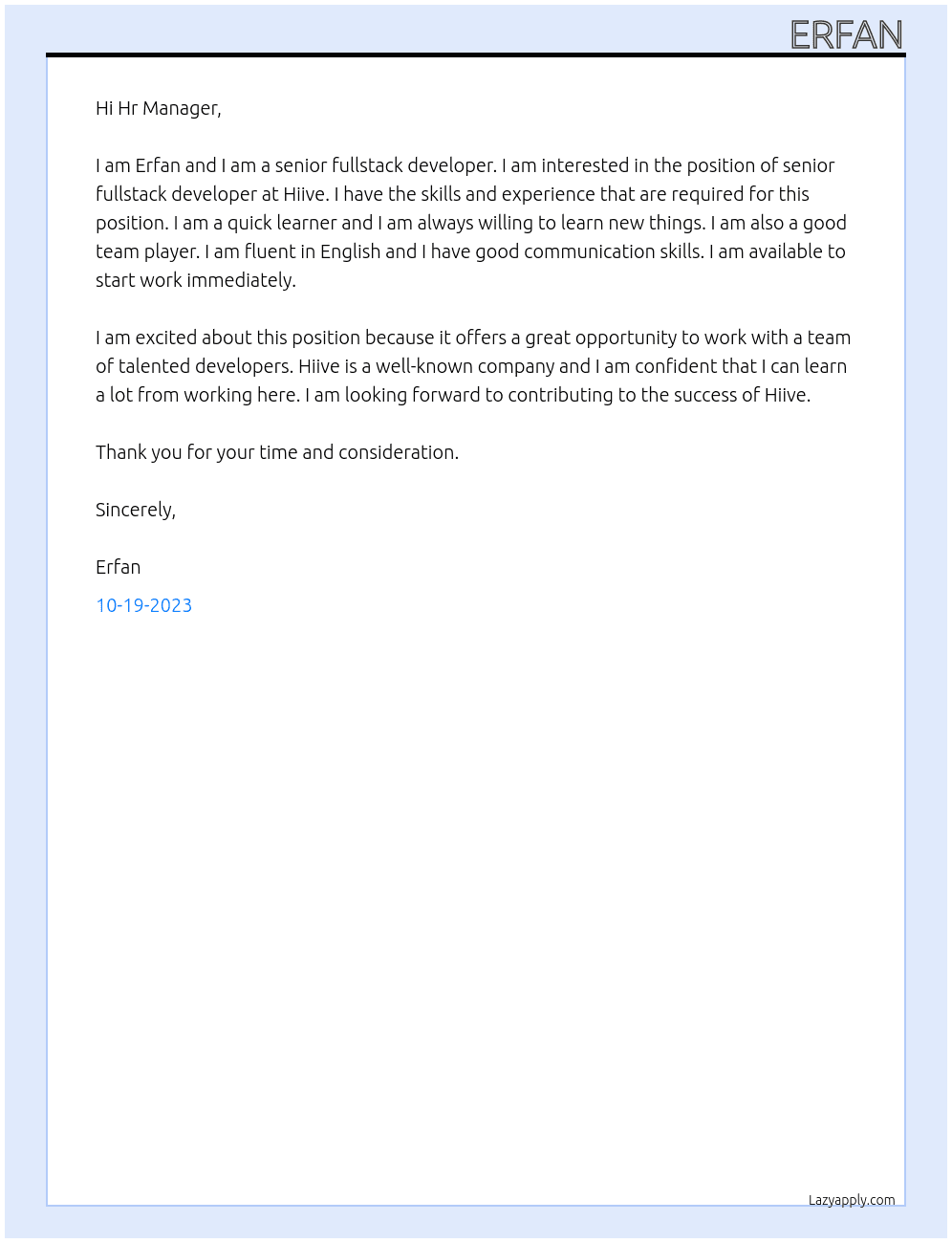 Senior Fullstack Developer  At Hiive Cover Letter