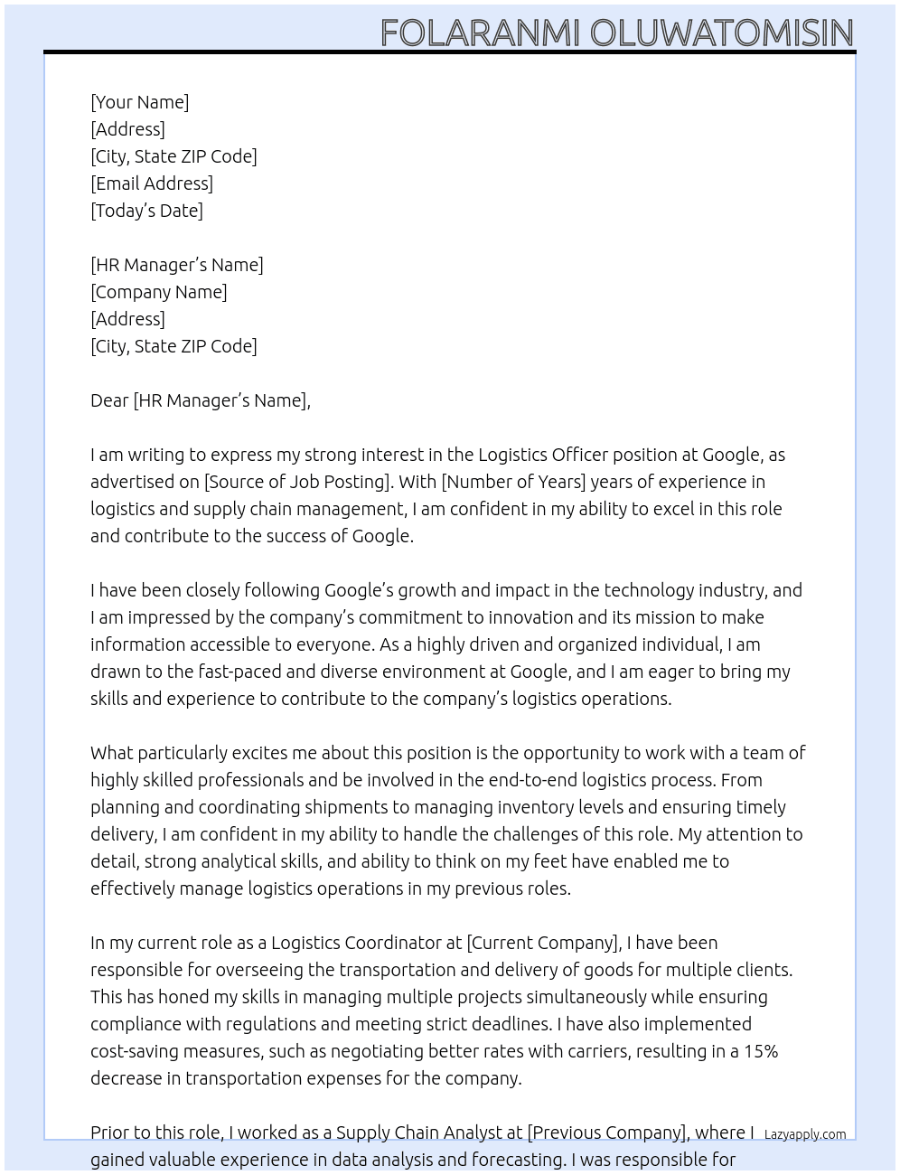 logistics officer At google Cover Letter