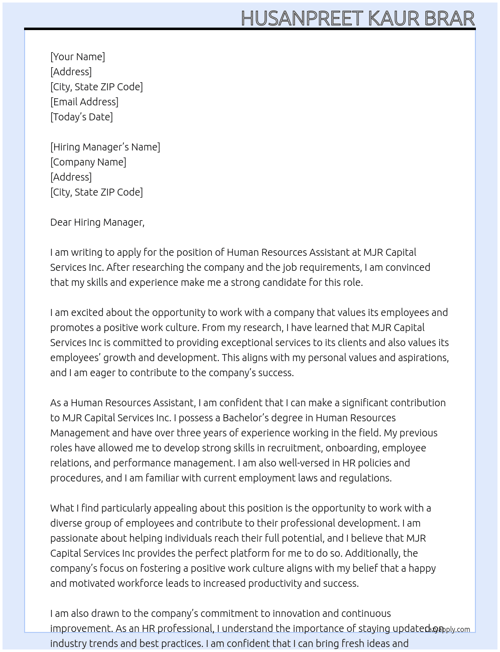 Human Resources Assistant  At MJR Capital Services Inc Cover Letter