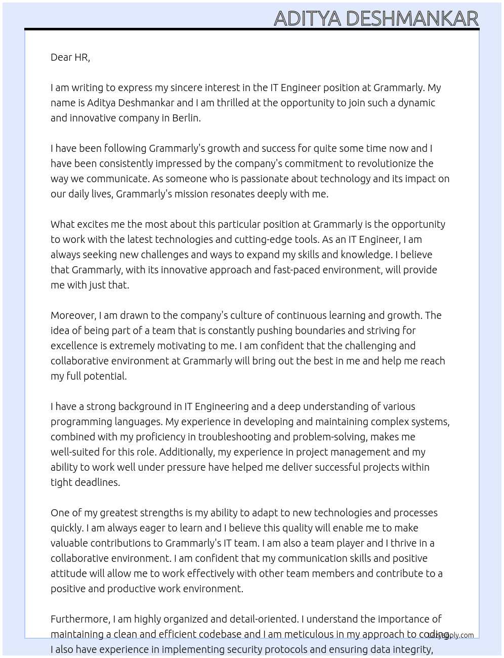 IT Engineer At Grammarly Cover Letter