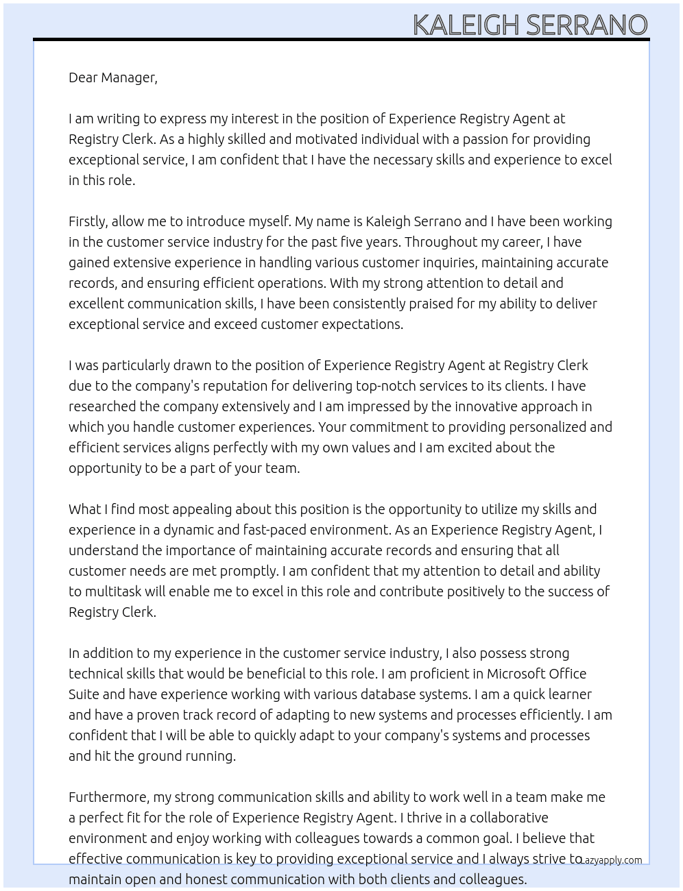 Experience Registry Agent At Registry Clerk Cover Letter