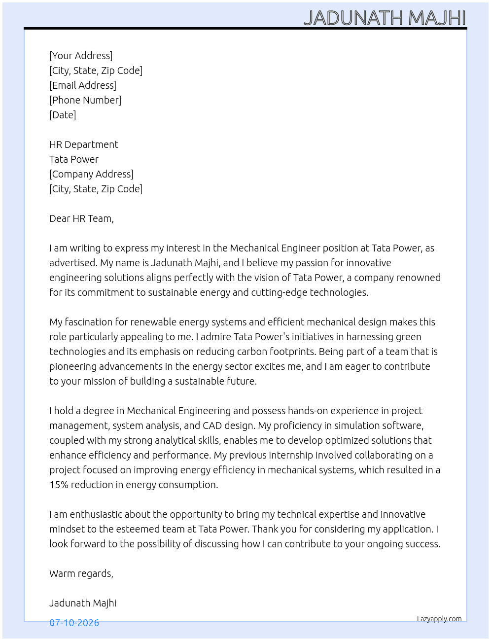 Cover letter for mechanical engineer - LazyApply
