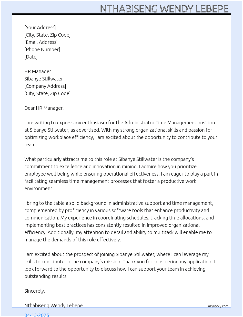 Cover letter for administrator time management cl - LazyApply