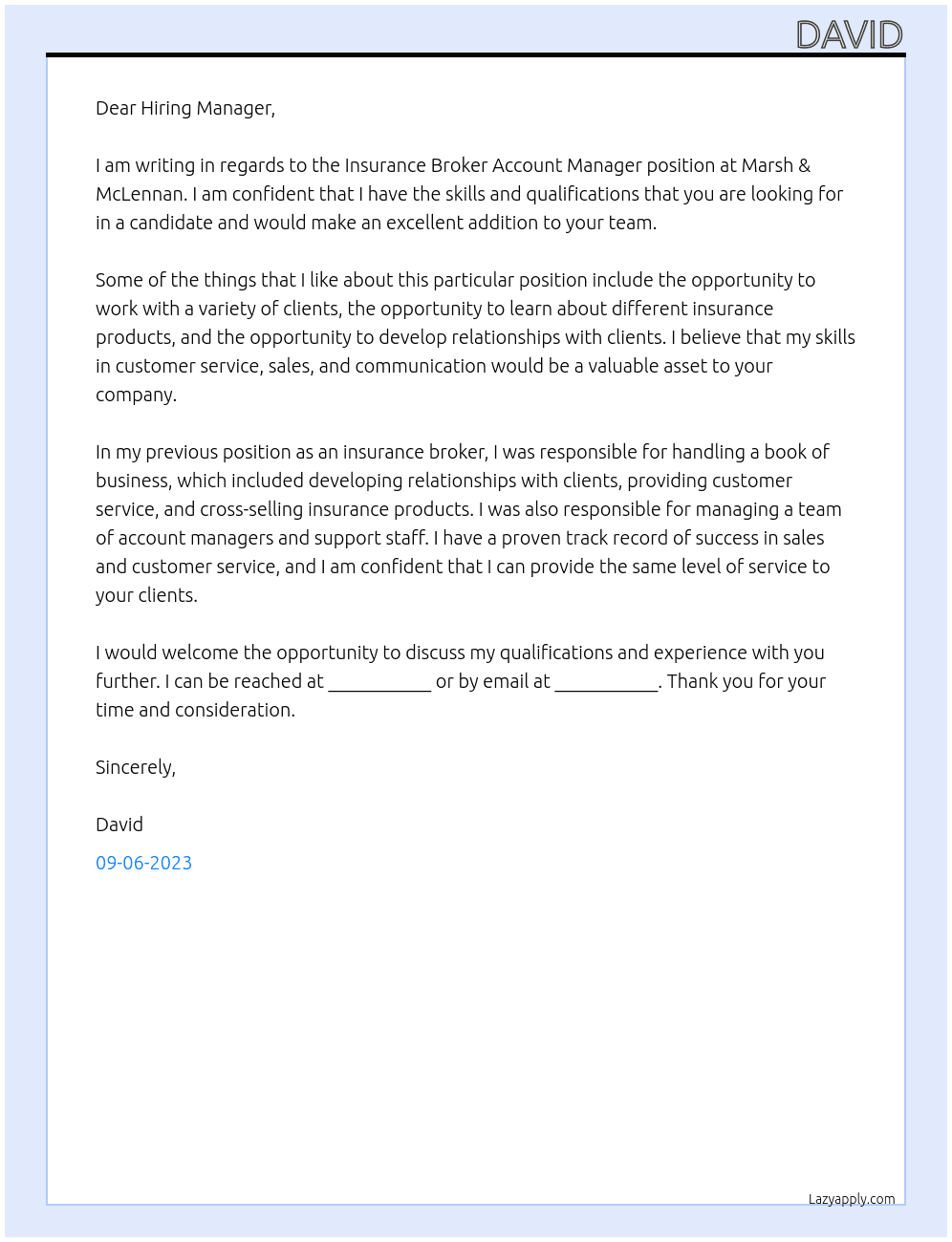 Insurance Broker Account Manager At Marsh & McLennan Cover Letter