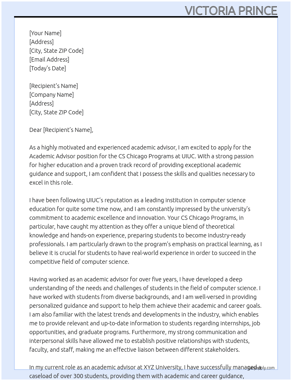 Academic Advisor, CS Chicago Programs At UIUC Cover Letter