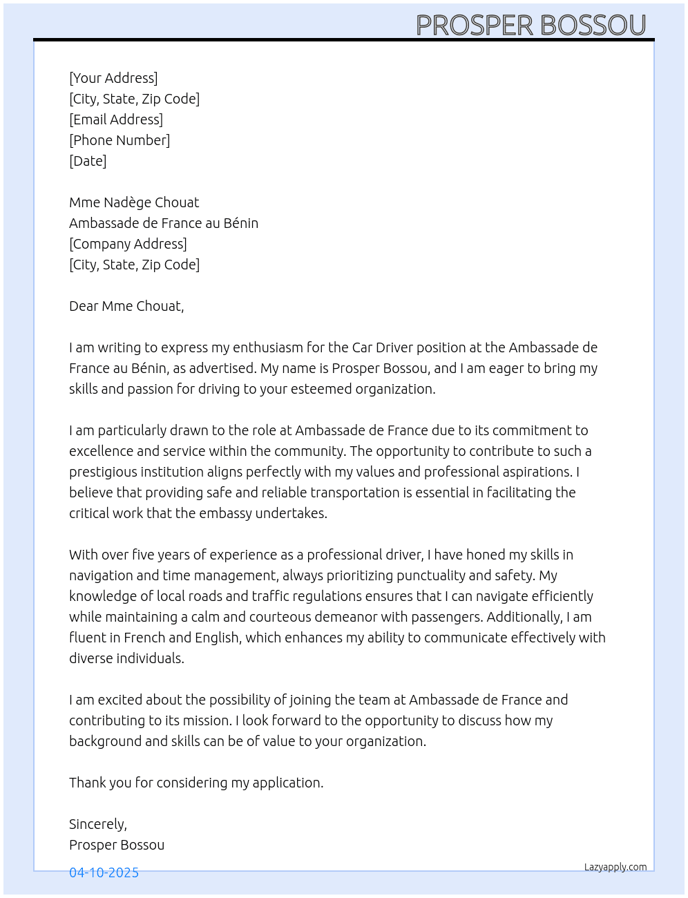 Car driver At Ambassade de France au Bénin  Cover Letter