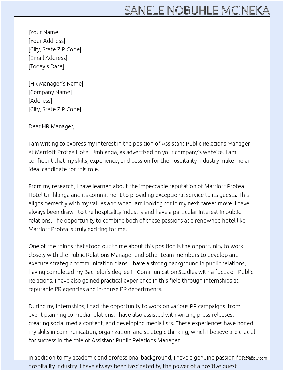 Assistant Public Relations Manager At Marriott Protea Hotel Umhlanga  Cover Letter