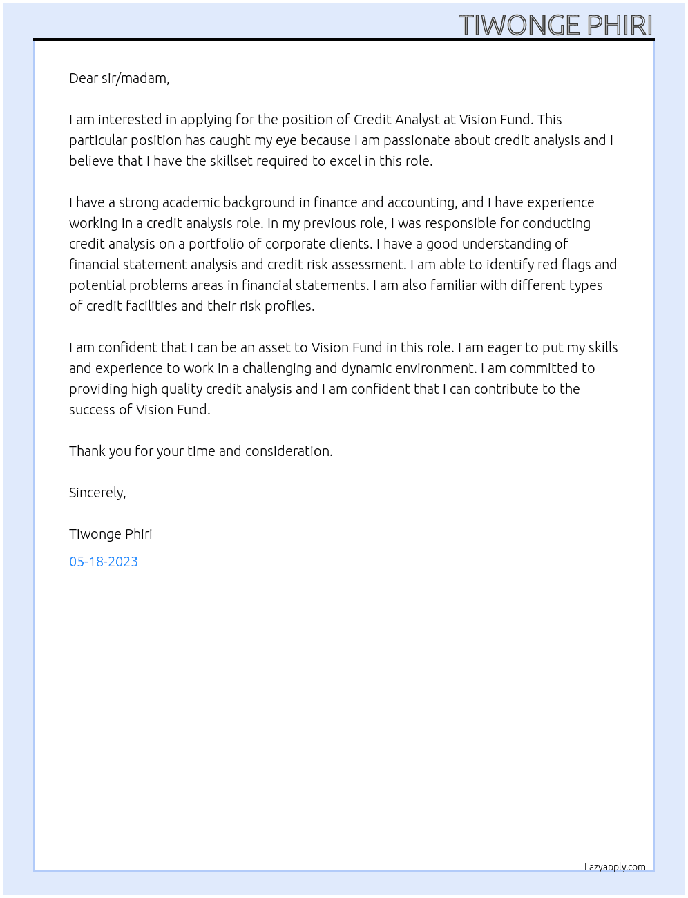 Credit Analyst At Vision Fund Cover Letter