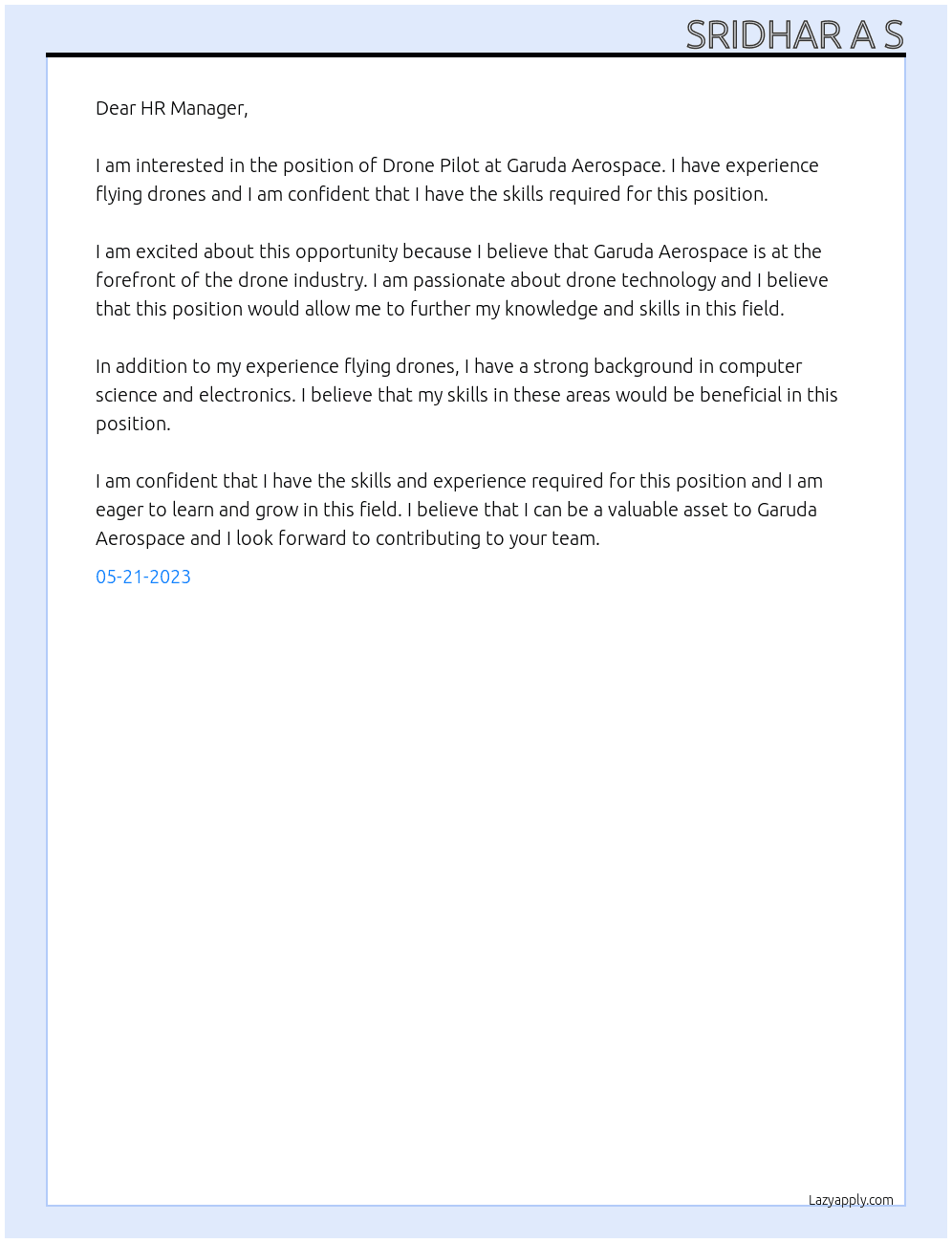 Drone pilot  At Garuda Aerospace  Cover Letter