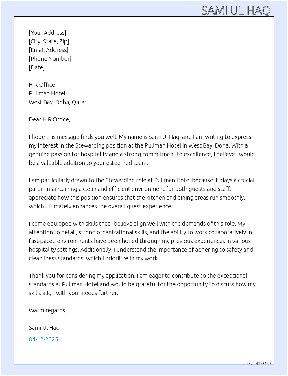 Stewarding  At Pullman hotal Cover Letter