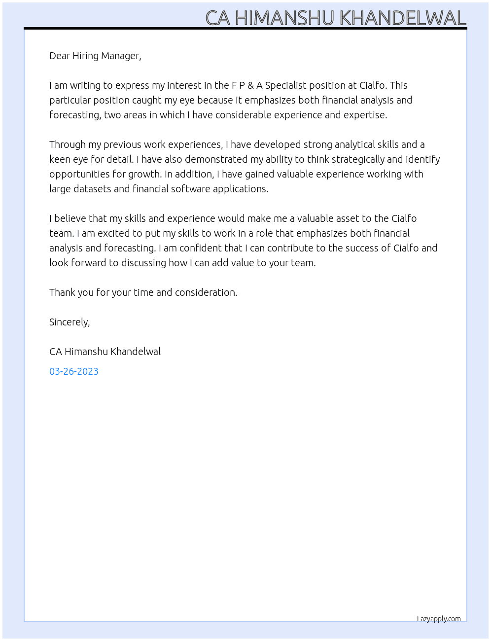 F P & A Specialist  At Cialfo Cover Letter