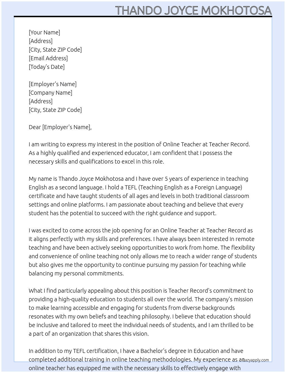 online teacher At Teacher Record Cover Letter