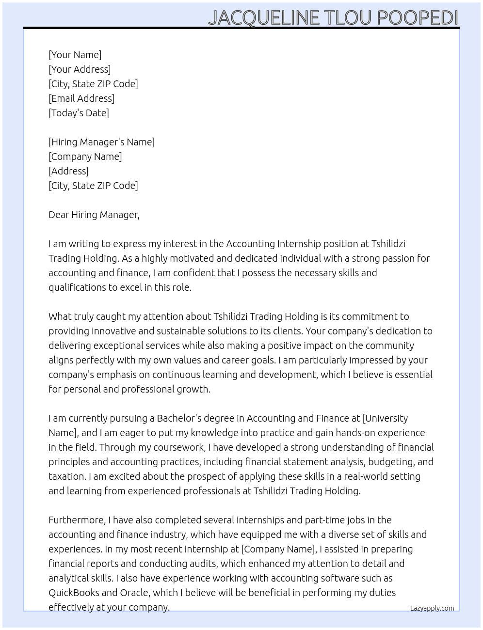 Accounting Internship  At Tshilidzi Trading Holding  Cover Letter