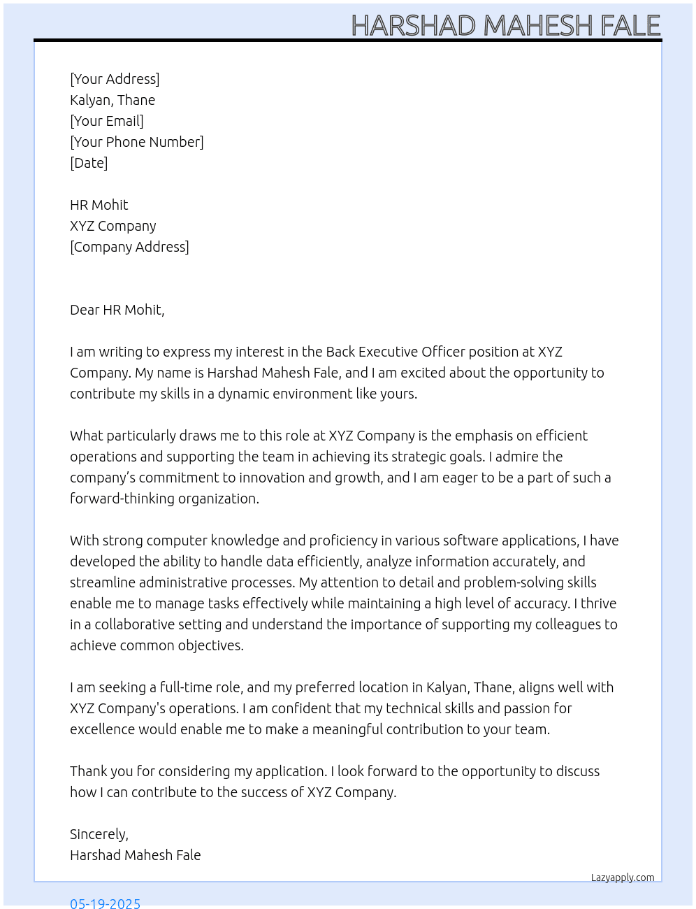 Cover letter for back executive officer - LazyApply