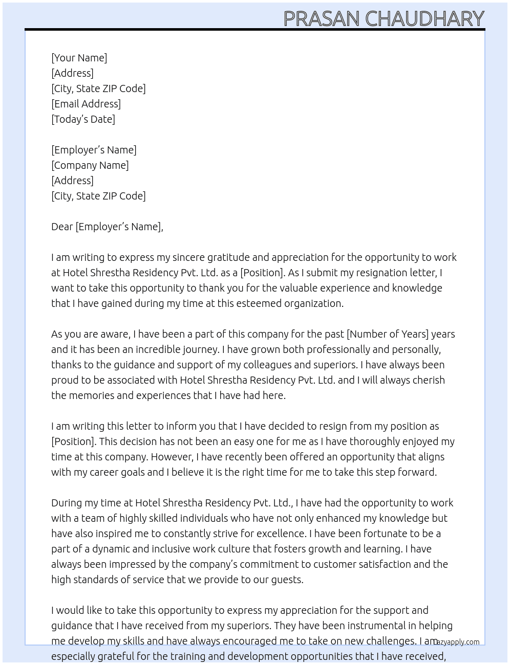 resignation letter At Hotel Shrestha Residency Pvt. Ltd. Cover Letter
