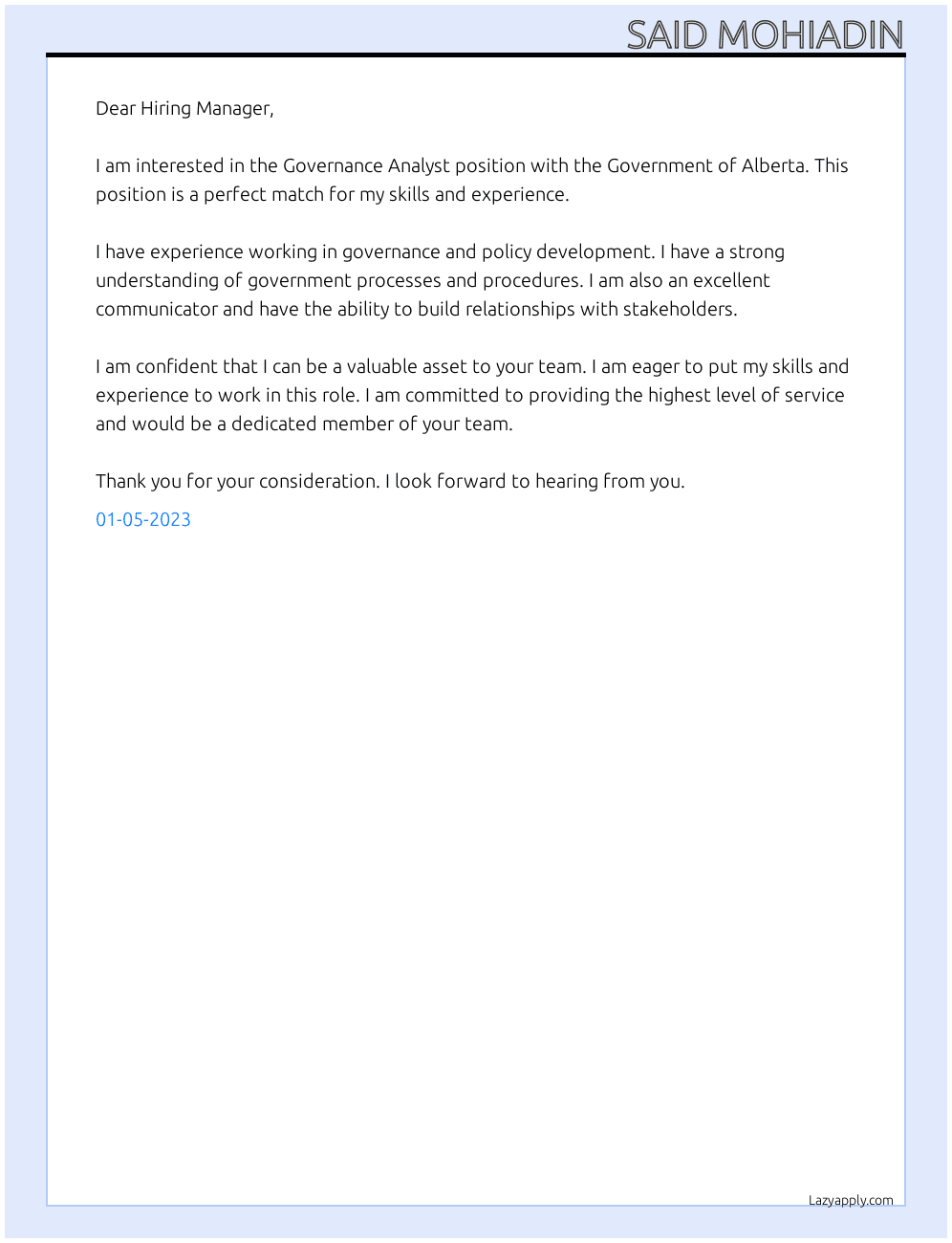 Cover letter for governance analyst - LazyApply