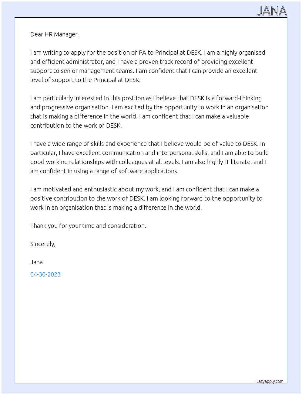 PA to Principal At DESK Cover Letter