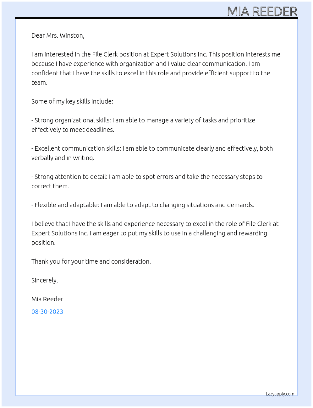 File Clerk At Expert Solutions Inc Cover Letter
