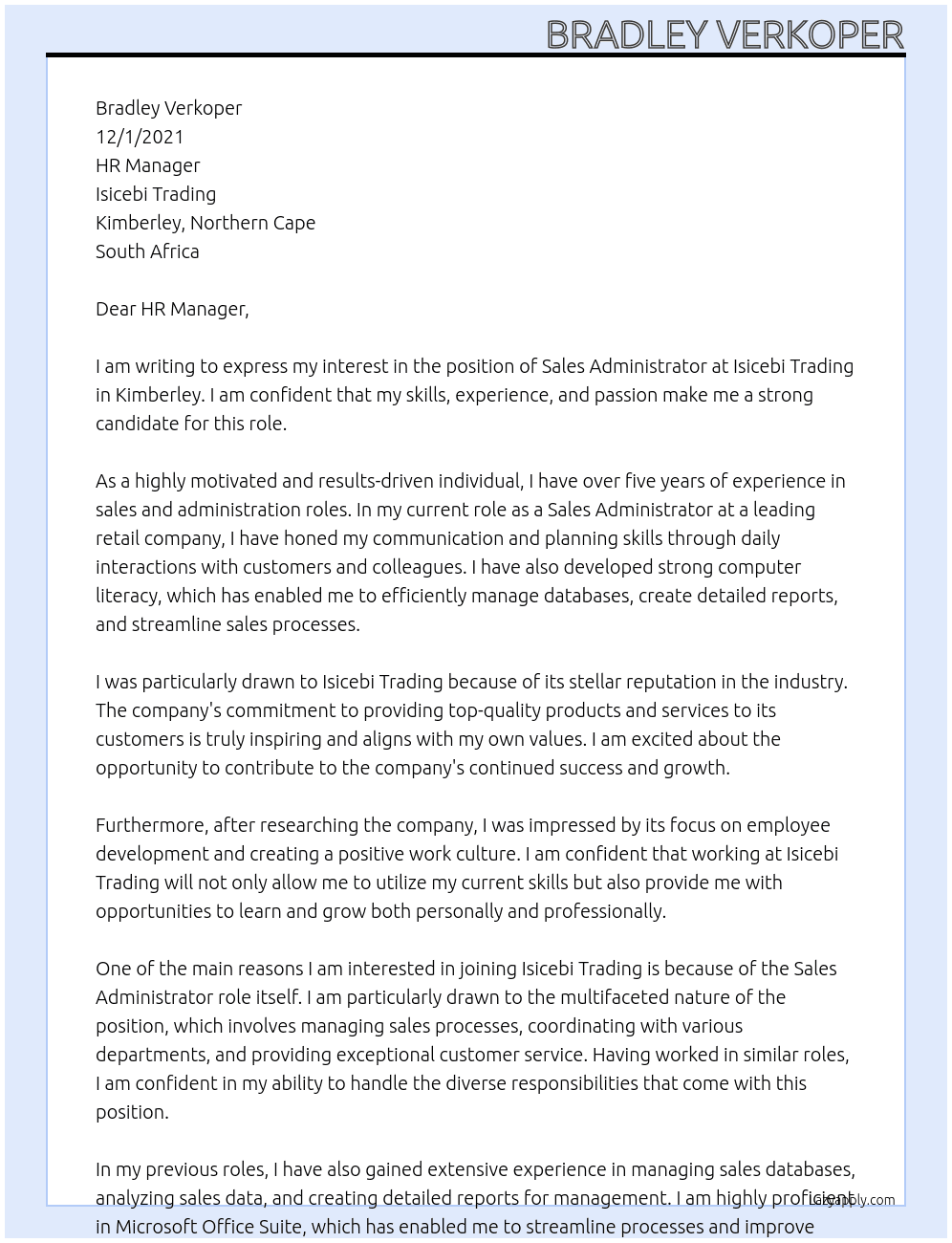 Sales Administrator  At Isicebi Trading Cover Letter