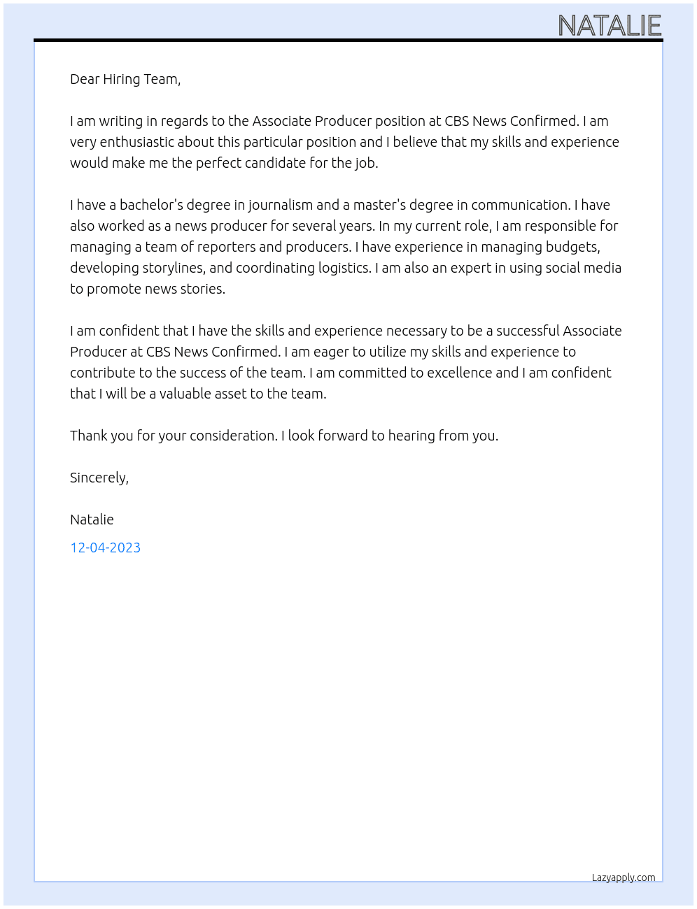 Associate Producer At CBS News Confirmed Cover Letter