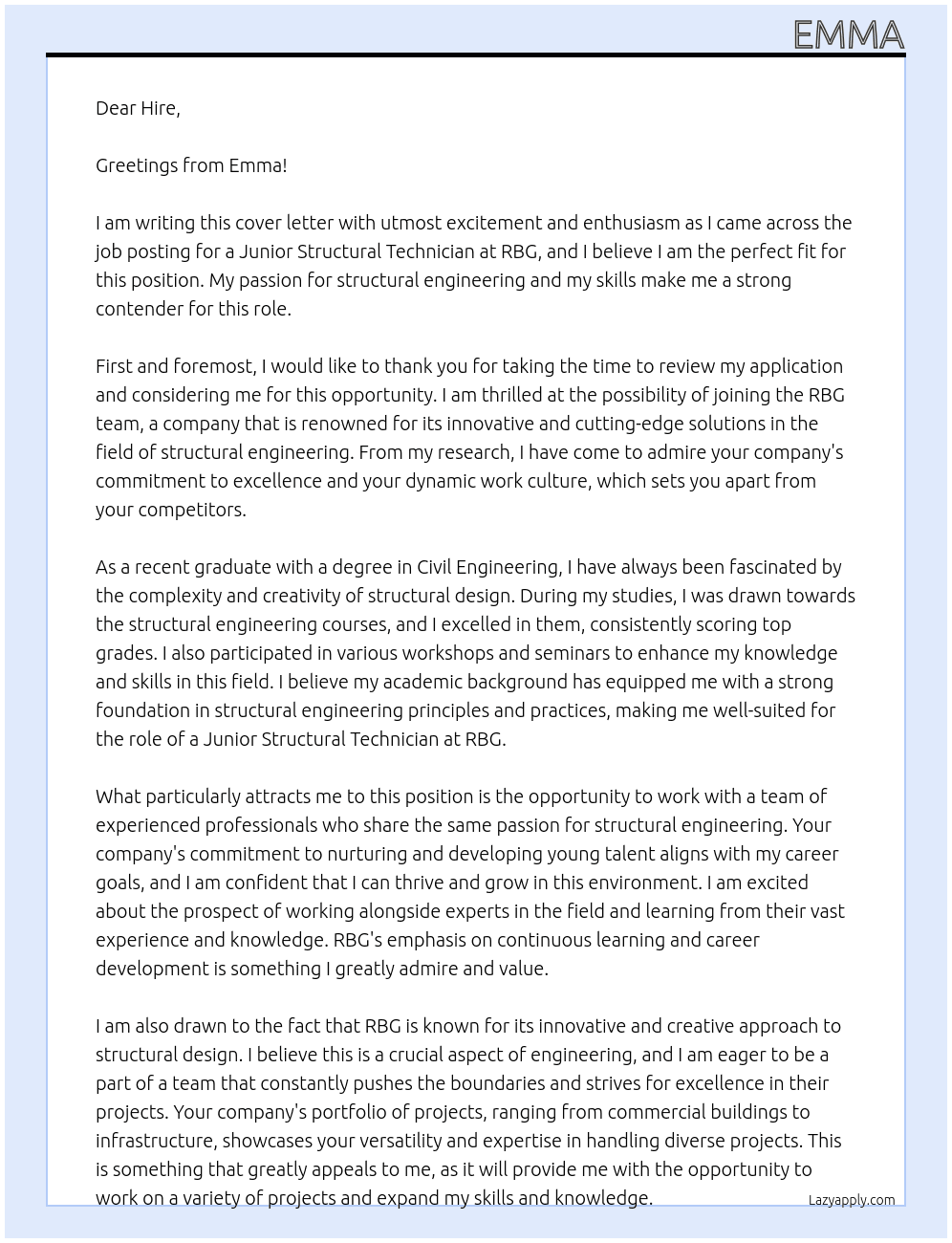 junior structural technician At RBG Cover Letter