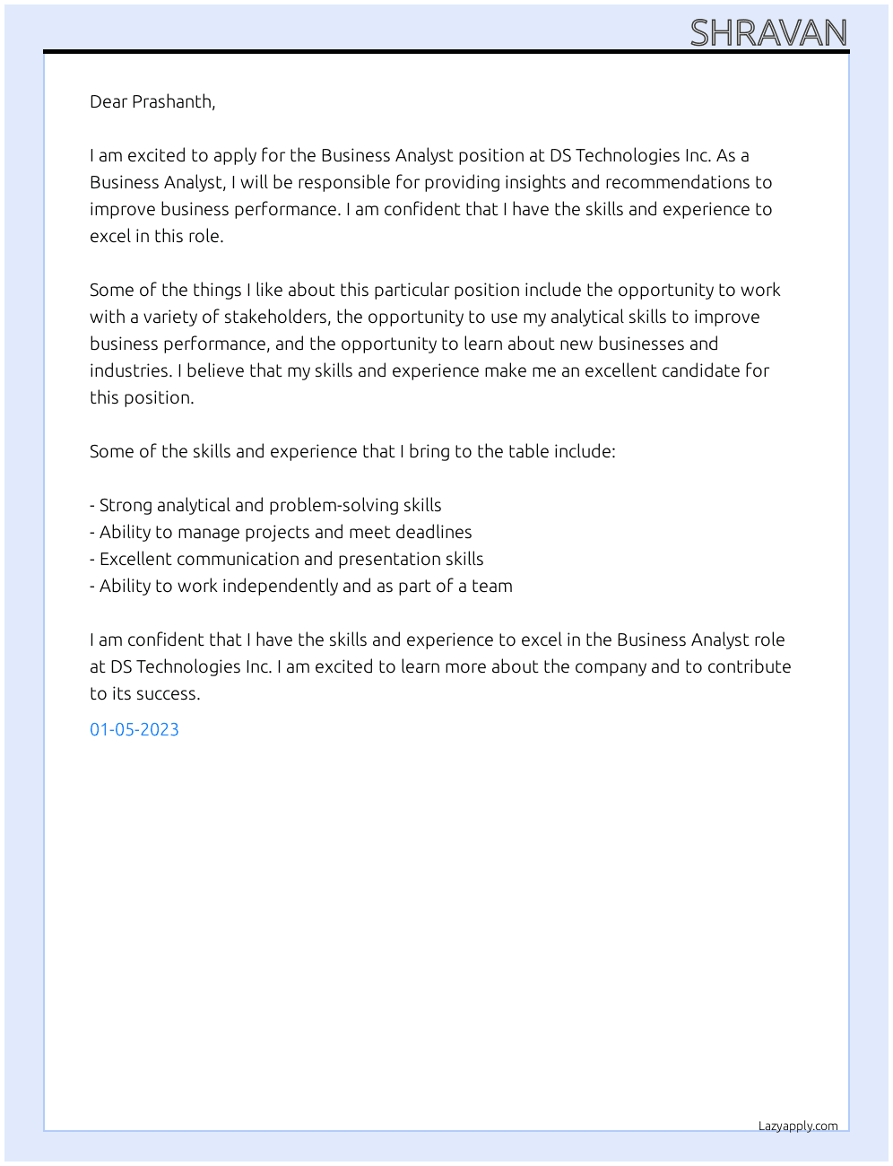 Business Analyst At DS Technologies Inc Cover Letter