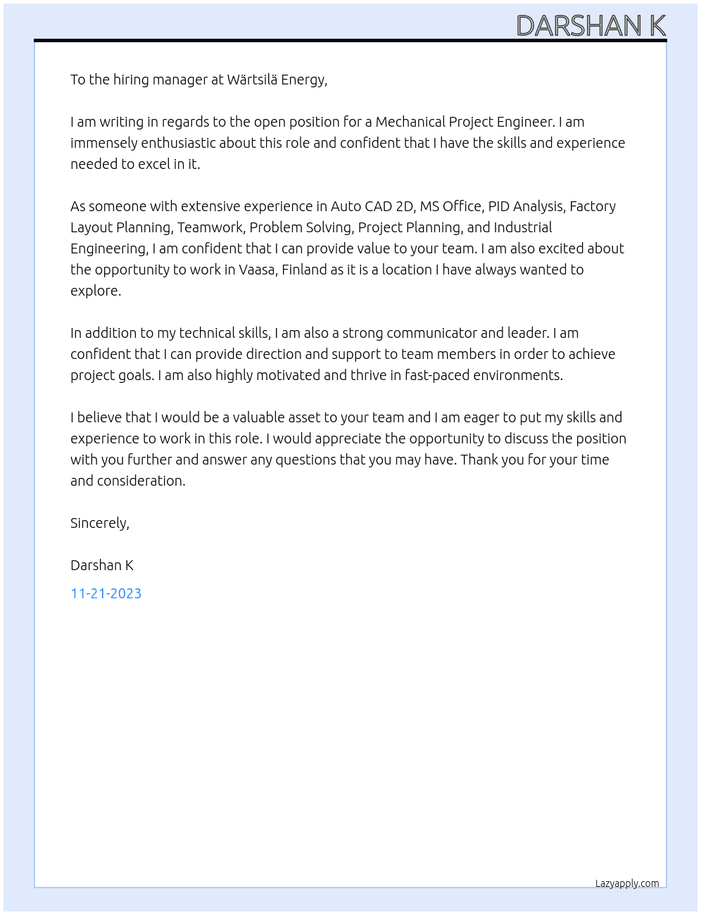 Mechanical Project Engineer  At Wärtsilä Energy  Cover Letter