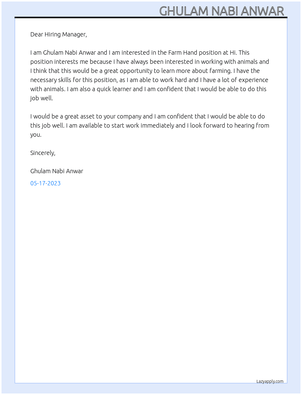 Farm Hand  At Hi Cover Letter