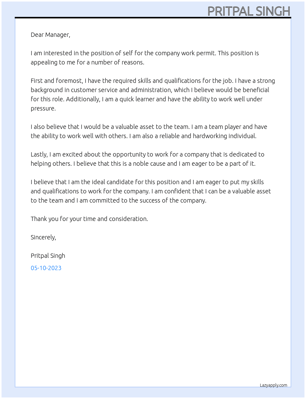 my self At work permit Cover Letter