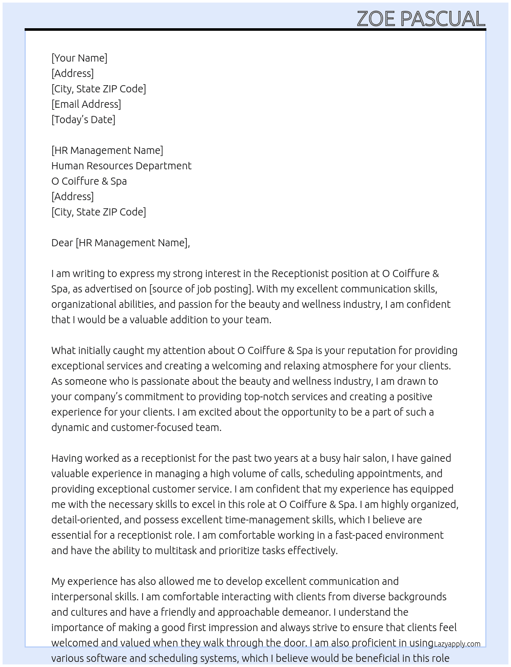 Receptionist  At O Coiffure & Spa Cover Letter