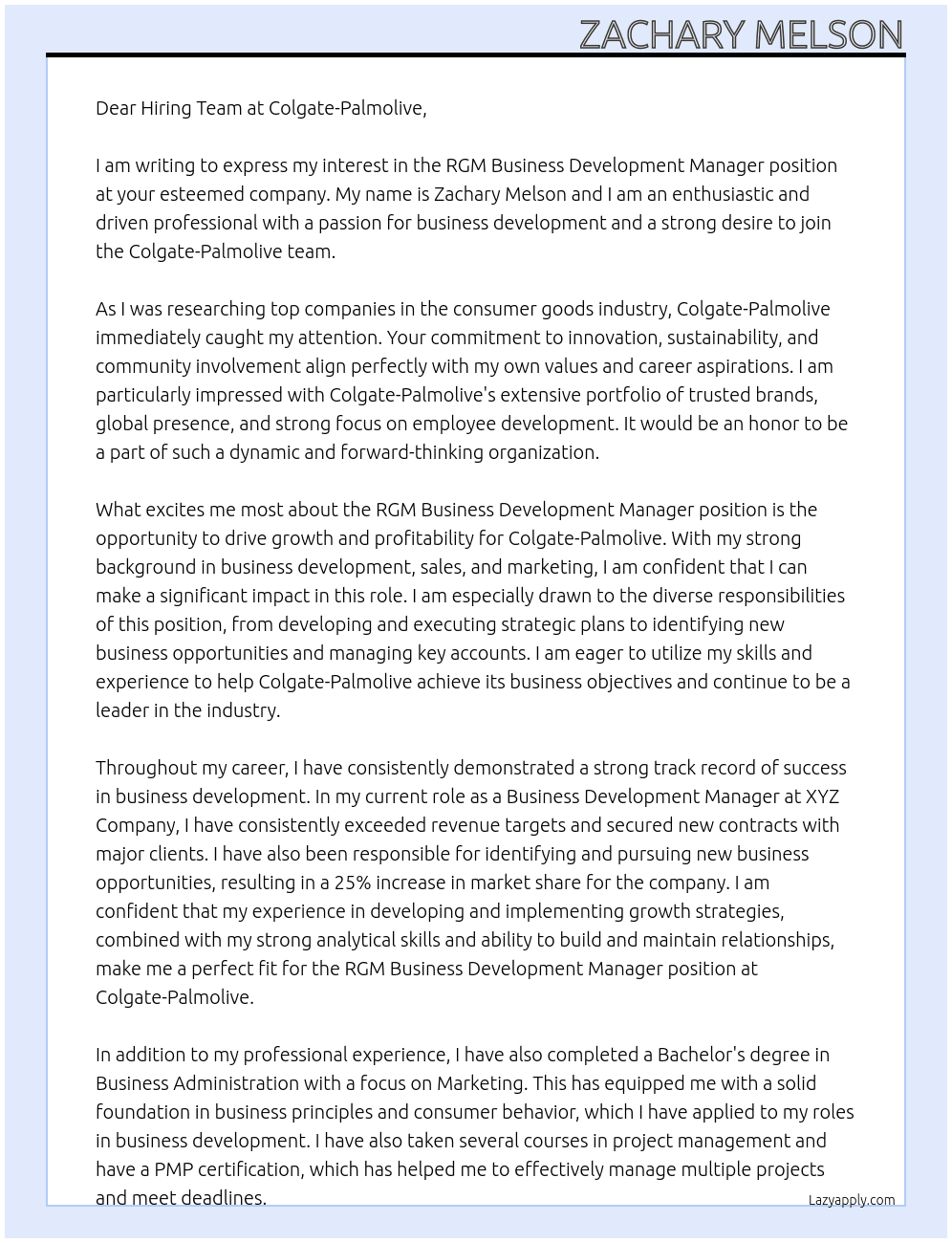 RGM Business Development Manager At Colgate-Palmolive  Cover Letter