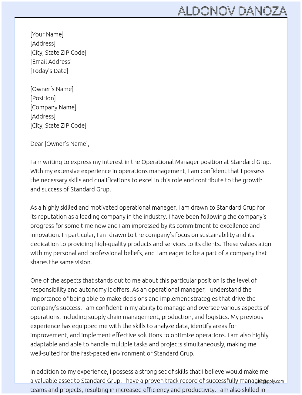 Operational Manager At Standard Grup Cover Letter