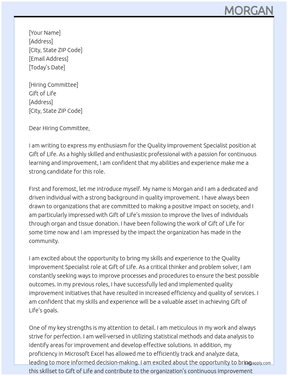 Quality Improvement Specialist At Gift of Life Cover Letter