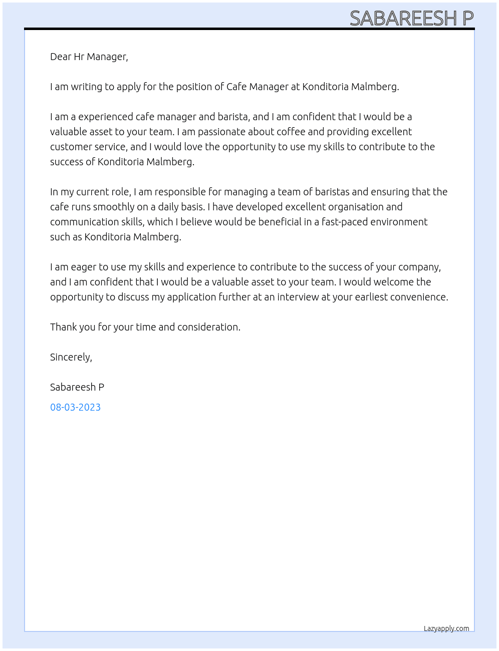 Cafe manager At Konditoria Malmberg Cover Letter