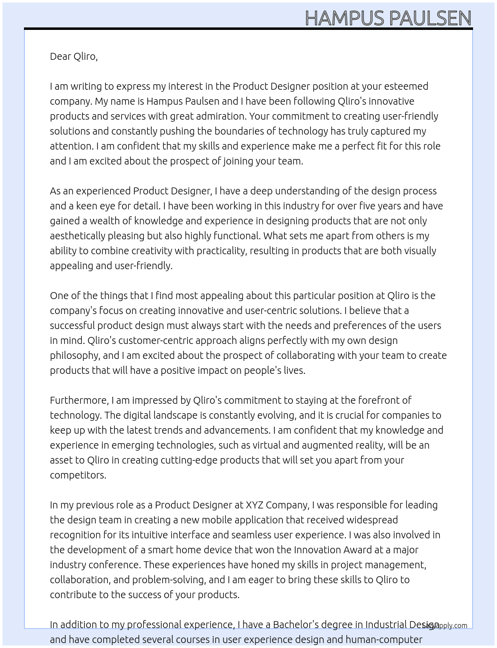 Product Designer At Qliro Cover Letter