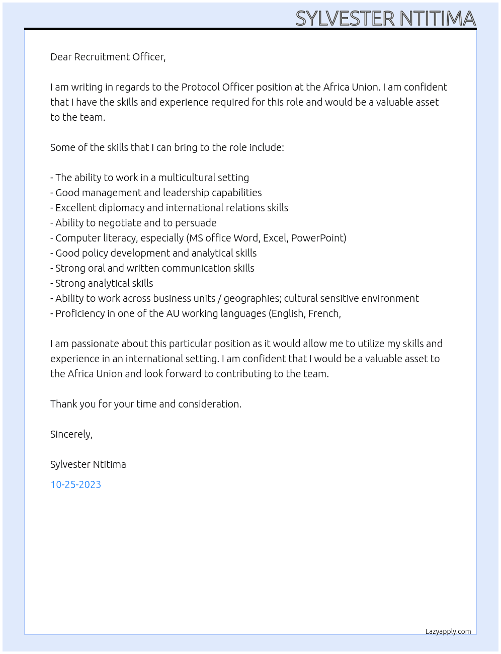 Protocol Officer At Africa Union Cover Letter