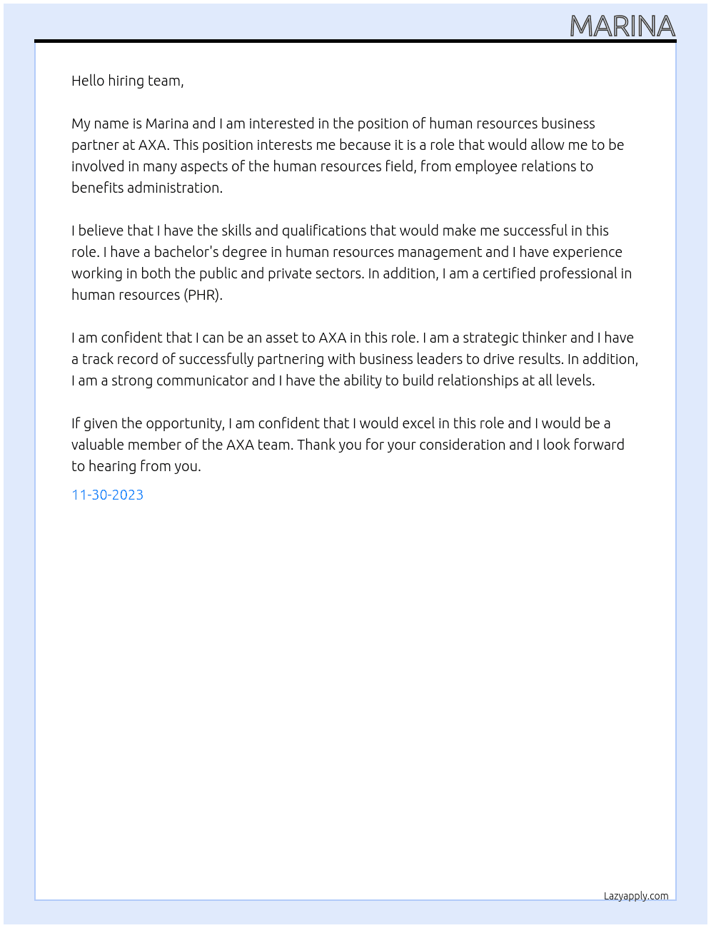 human resources business partner At axa Cover Letter