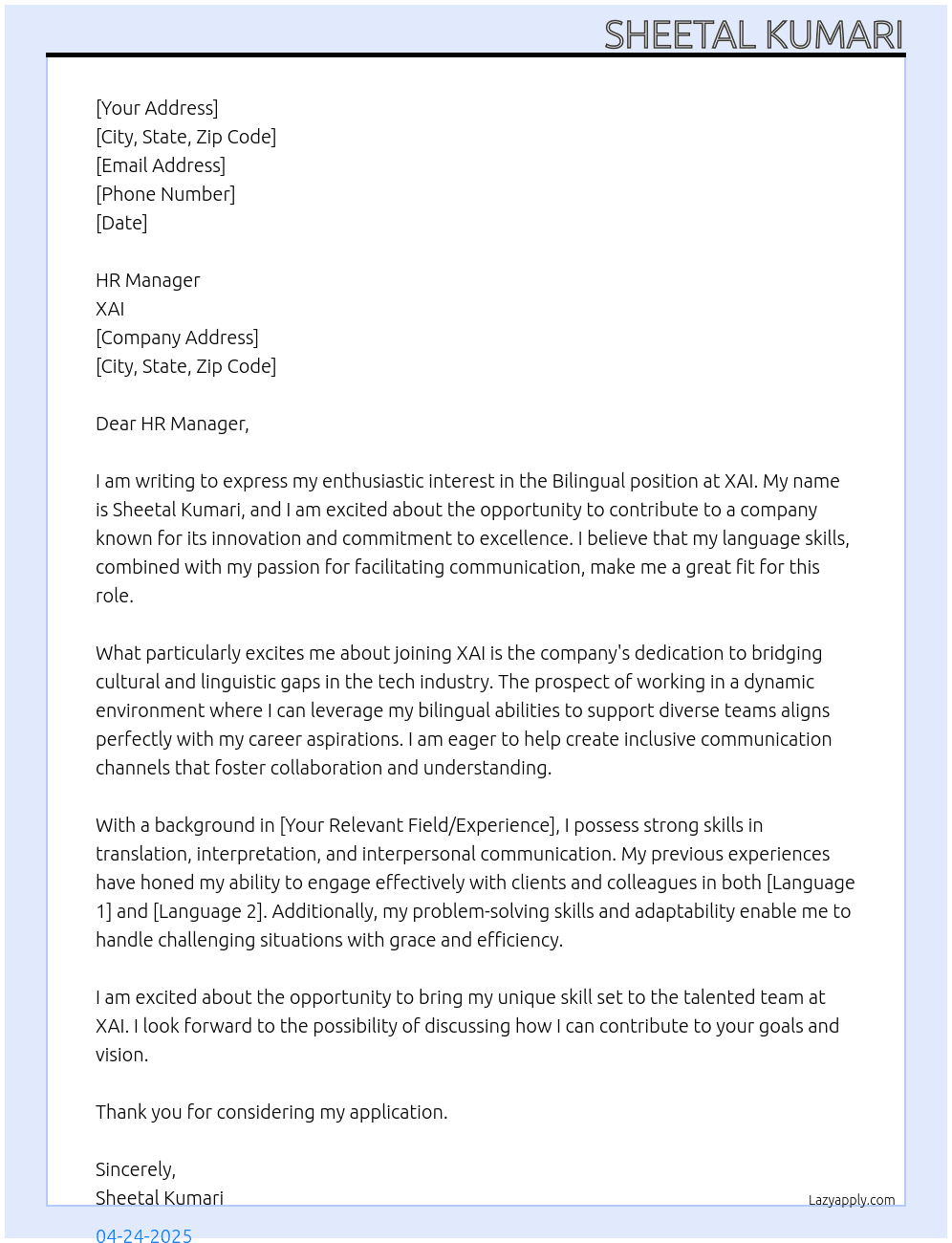 bilingual At XAI Cover Letter