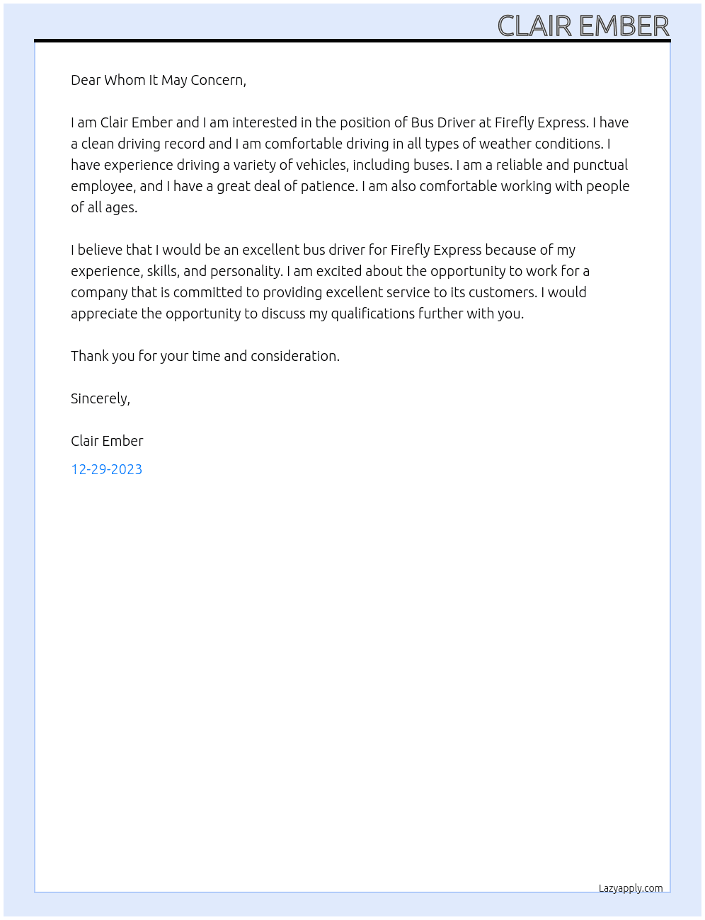 Bus Driver At Firefly Express Cover Letter