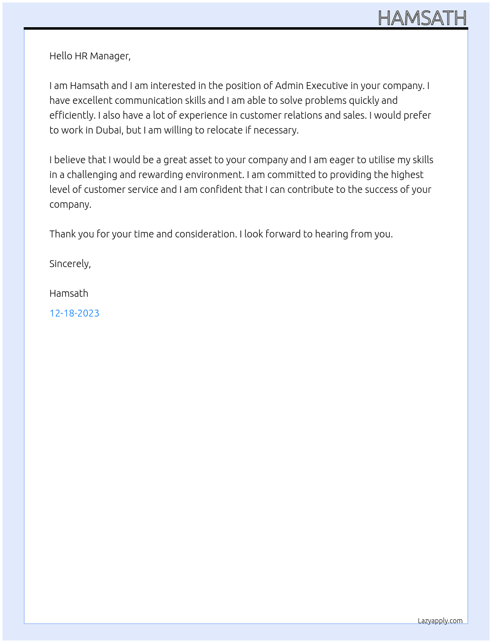 Admin Executive  At Decisive zone Cover Letter