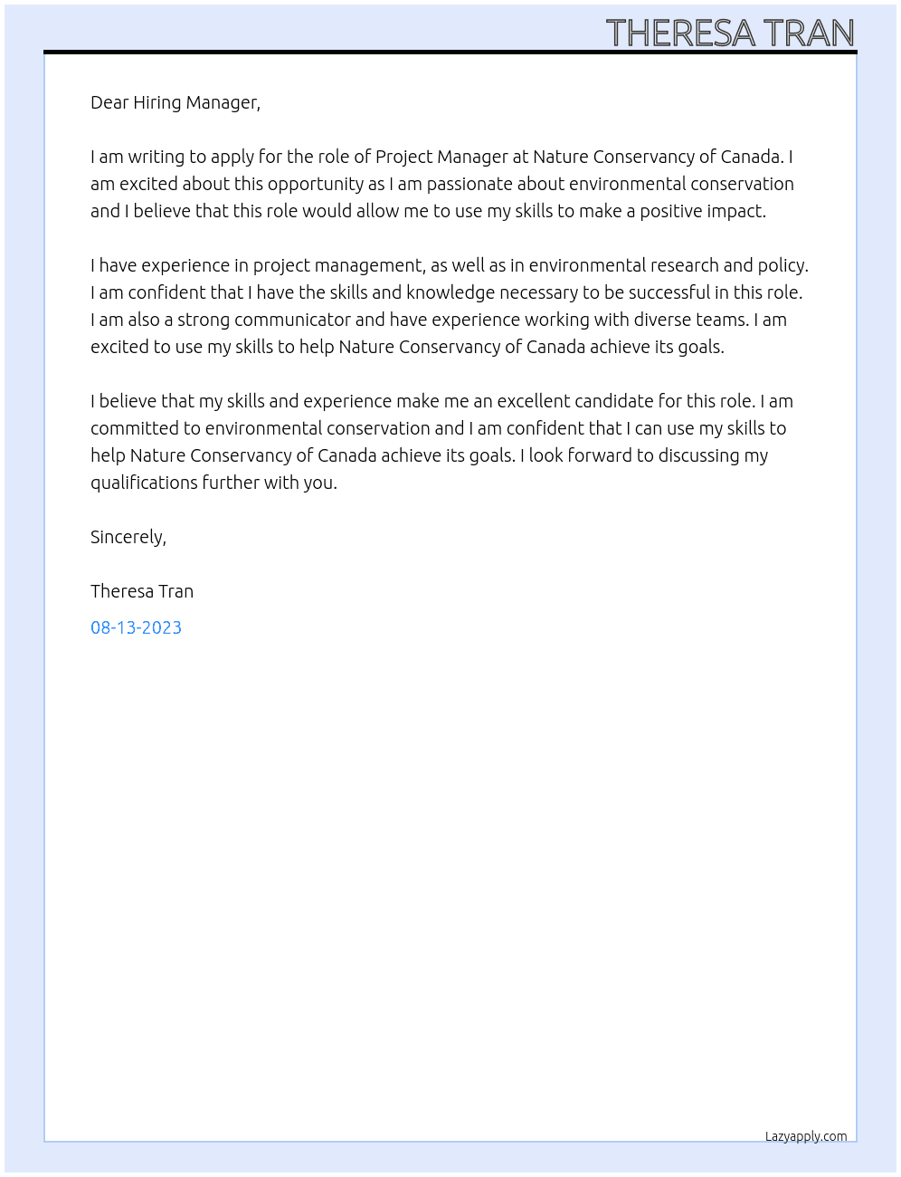 Project Manager At nature conservancy of canada Cover Letter