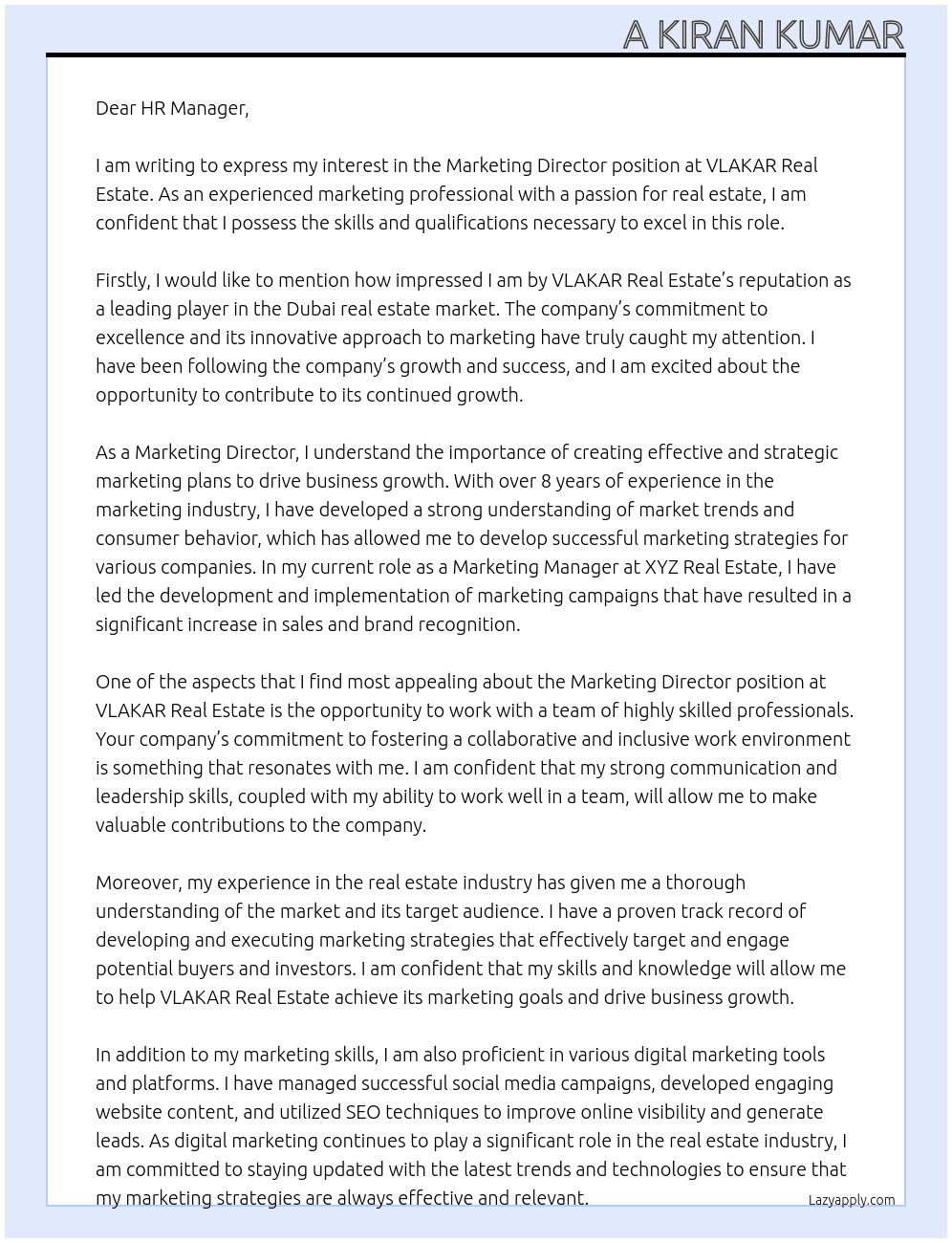 Marketing Director -  At VLAKAR Real Estate Cover Letter