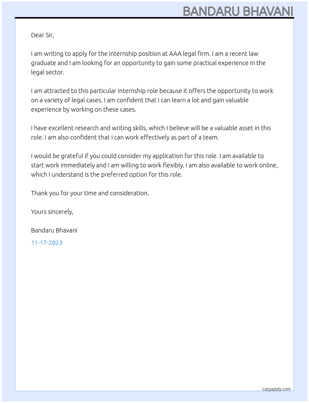 Internship At AAA legal firm Cover Letter