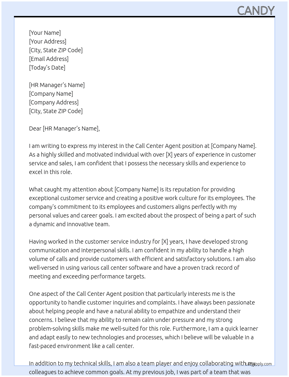 call center agent At n/a Cover Letter