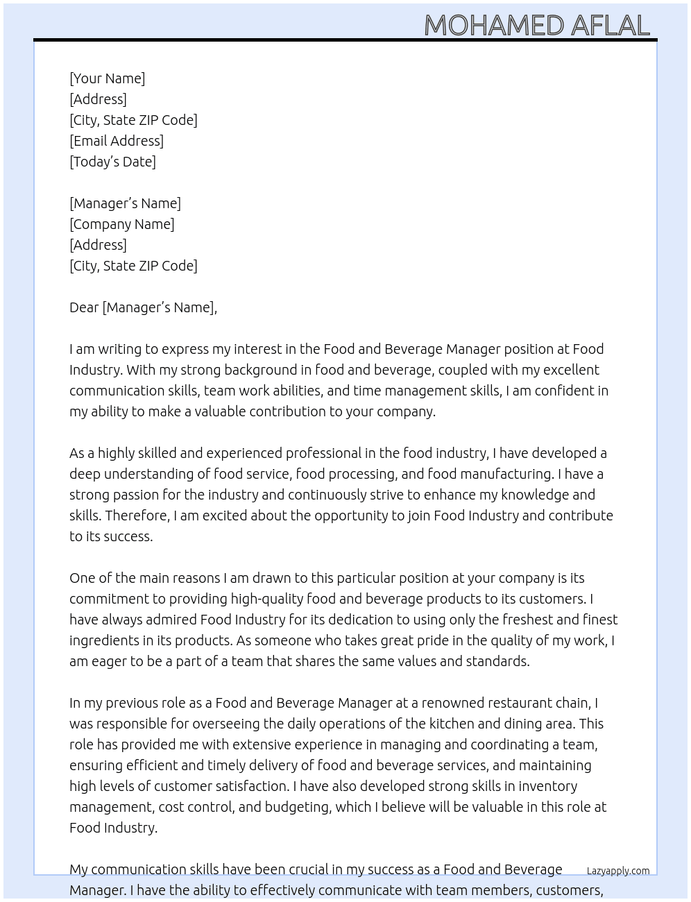 Food and beverage  At Food industry  Cover Letter